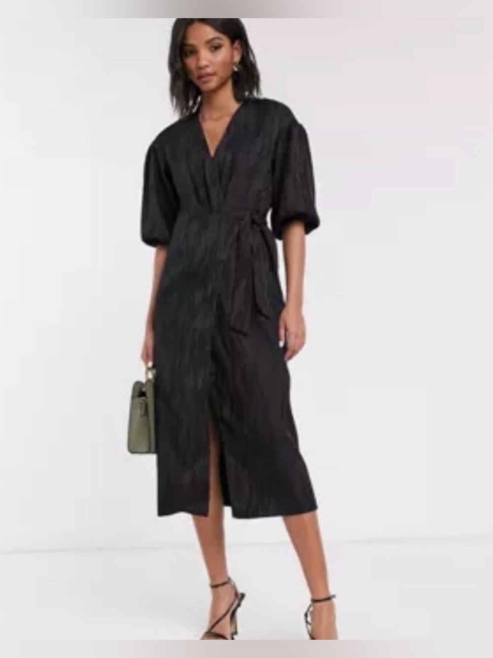 Topshop Black Puff Short Sleeve VNeck Jacquard Wrap Midi Dress Tie Waist Pockets